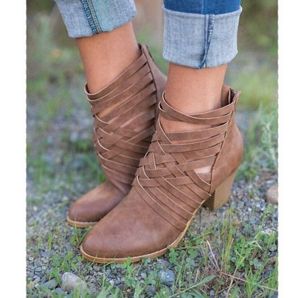 Cognac Open Sides Woven Strap Chunky Stacked Block Heel Ankle Boots Sz 8